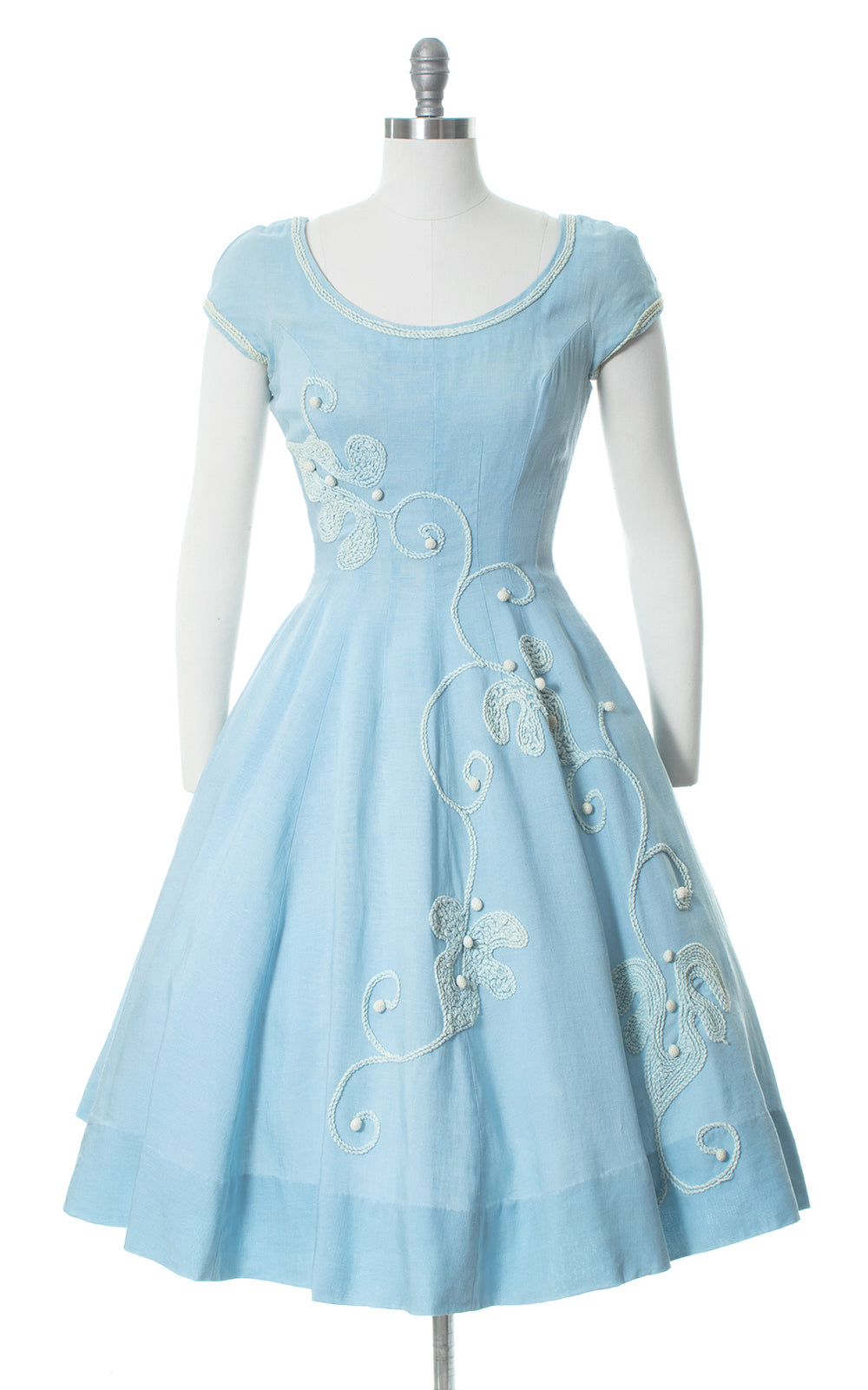 1950s Soutache Embroidered Pom Pom Linen Dress