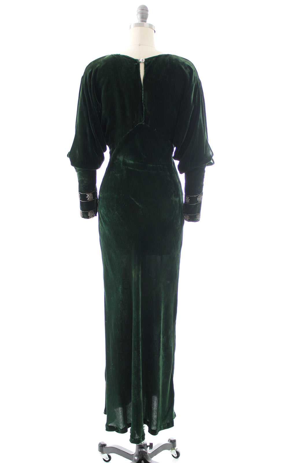 1930s Forest Green Bias Cut Velvet with Beaded Slit Sleeves Gown