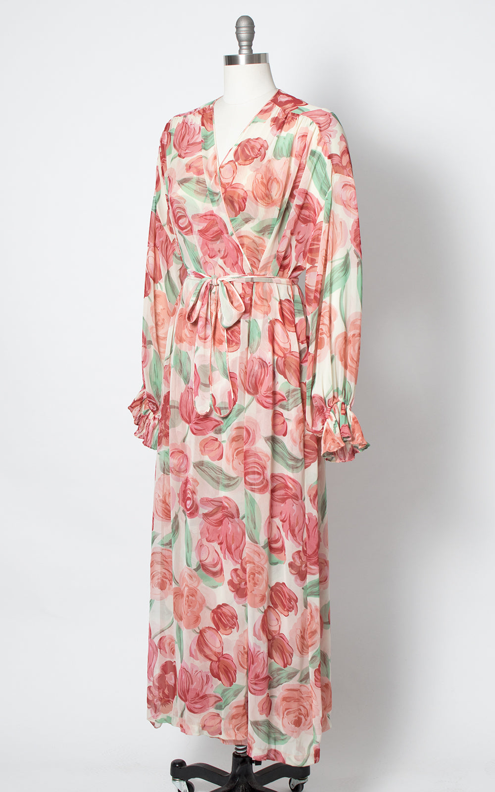 1980s Floral Silk Chiffon Nightgown & Robe Set