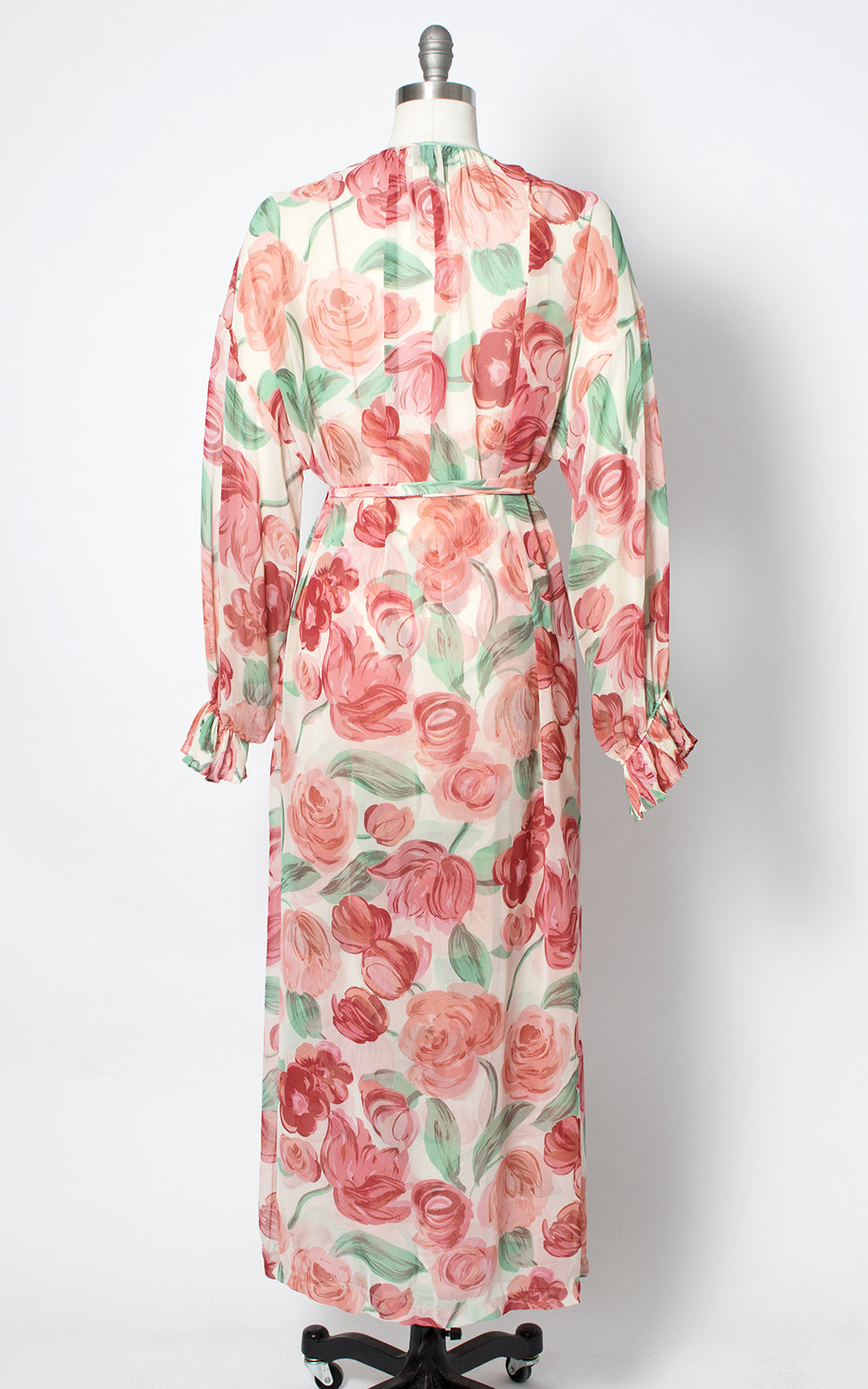 1980s Floral Silk Chiffon Nightgown & Robe Set