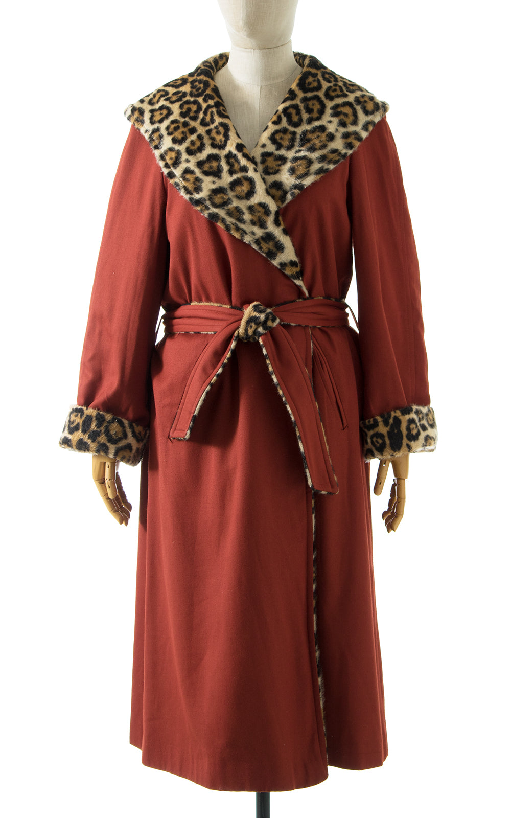 1970s Reversible Leopard Print Faux Fur Hooded Wrap Coat