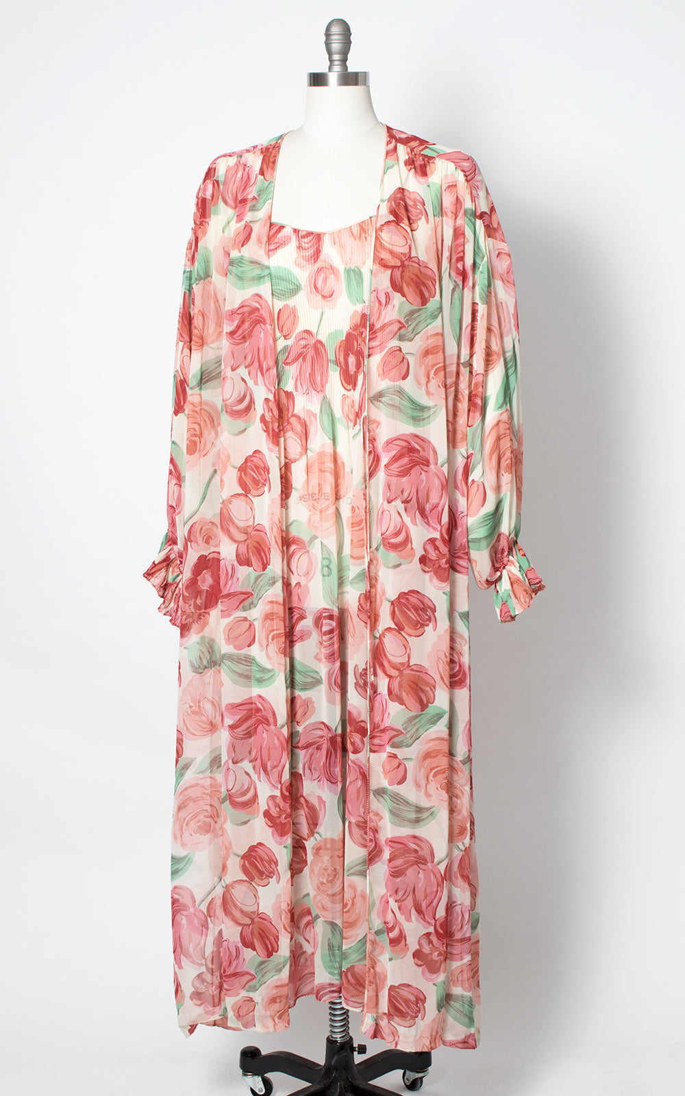 1980s Floral Silk Chiffon Nightgown & Robe Set