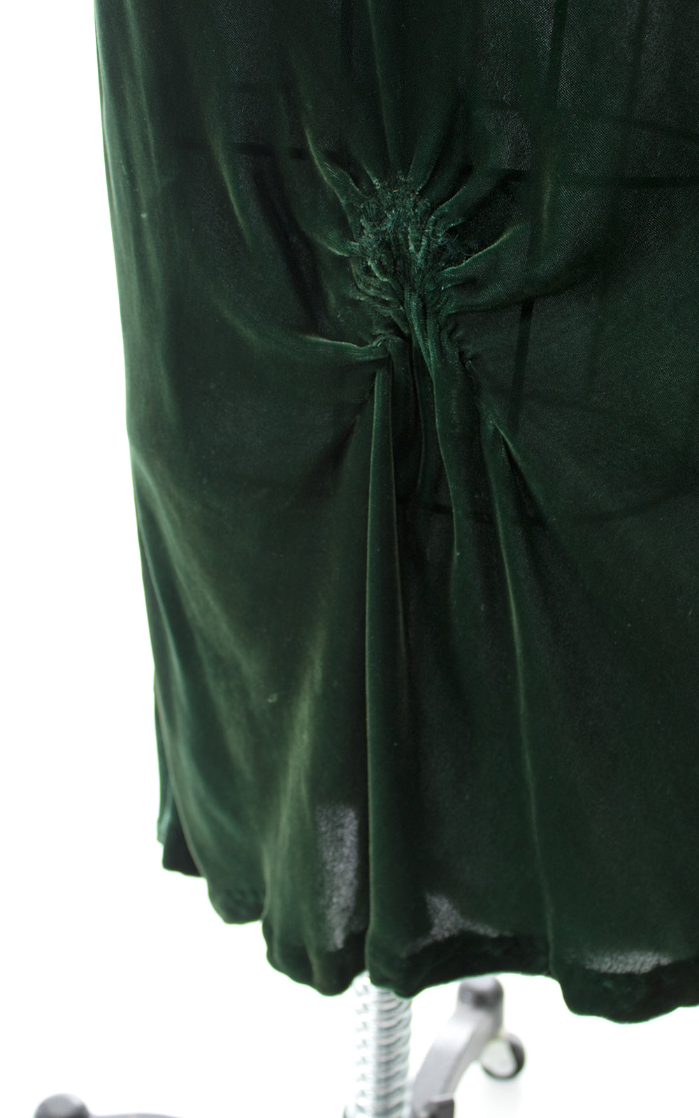 1930s Forest Green Bias Cut Velvet with Beaded Slit Sleeves Gown