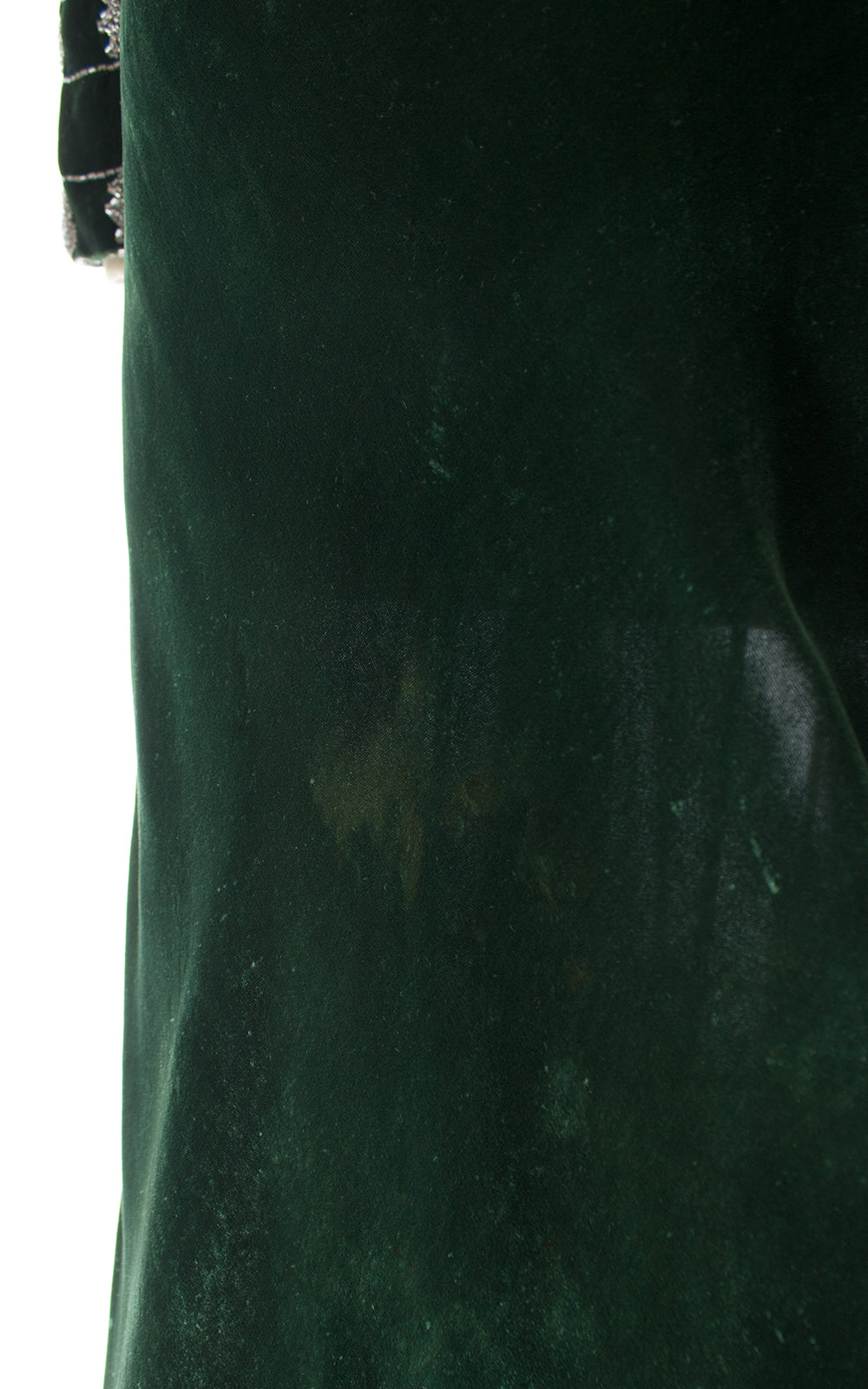 1930s Forest Green Bias Cut Velvet with Beaded Slit Sleeves Gown