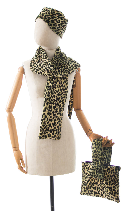 1960s Leopard Print Faux Fur Hat, Scarf & Handbag Set