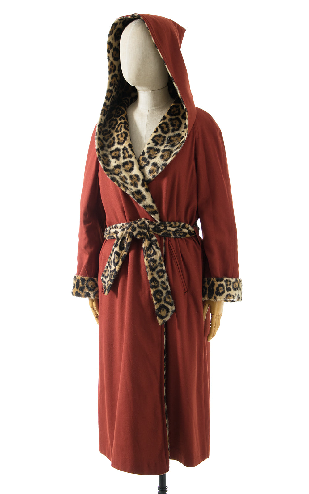 1970s Reversible Leopard Print Faux Fur Hooded Wrap Coat