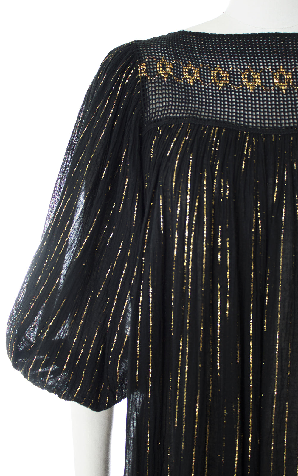 1970s Gold Striped Sheer Black Cotton Gauze Maxi Dress