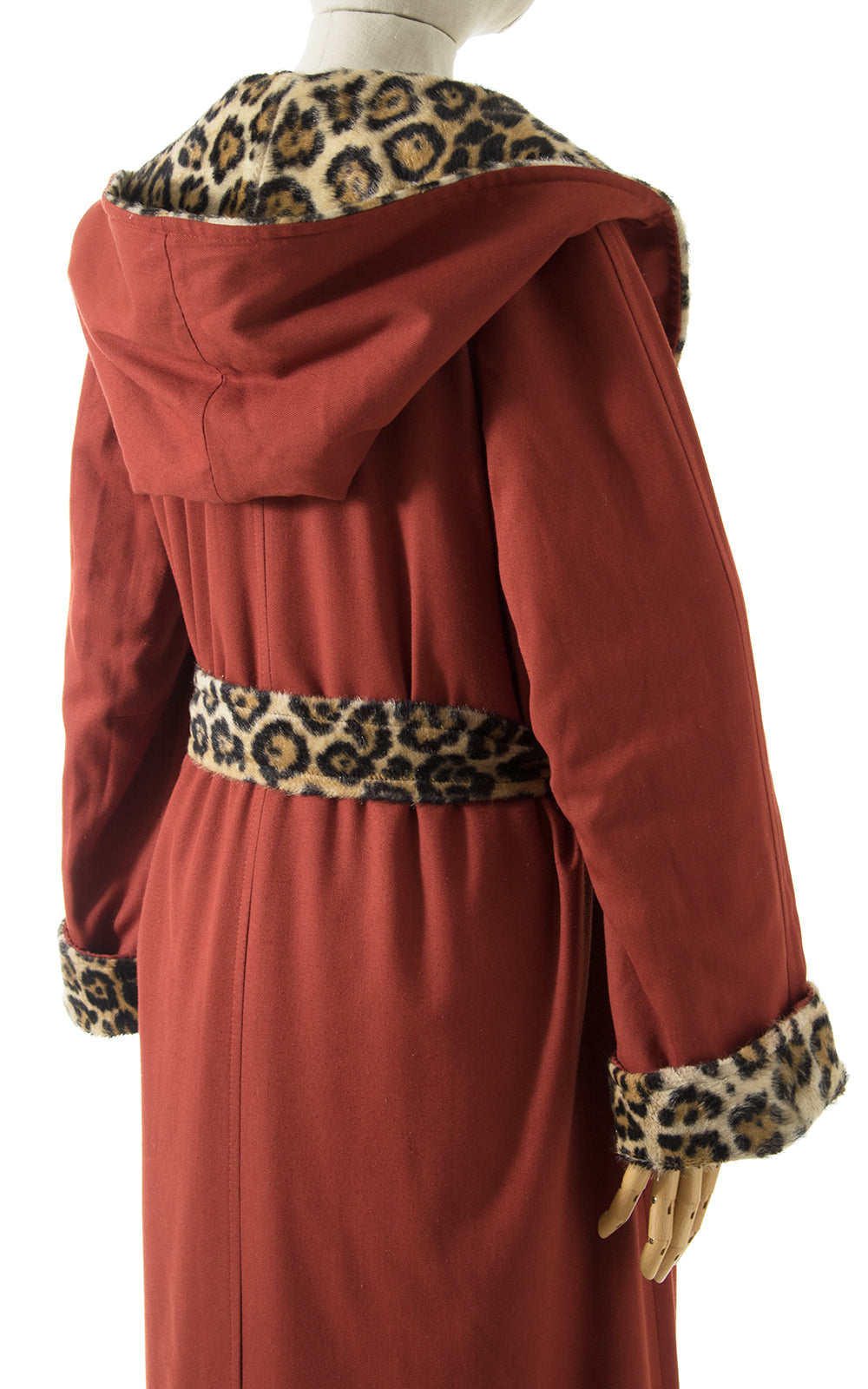 1970s Reversible Leopard Print Faux Fur Hooded Wrap Coat