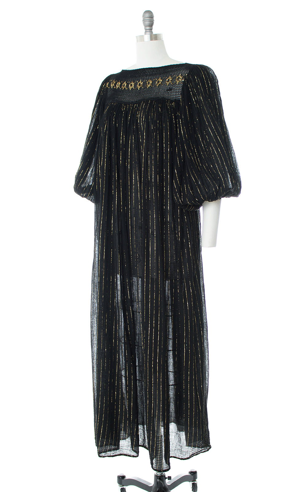 1970s Gold Striped Sheer Black Cotton Gauze Maxi Dress