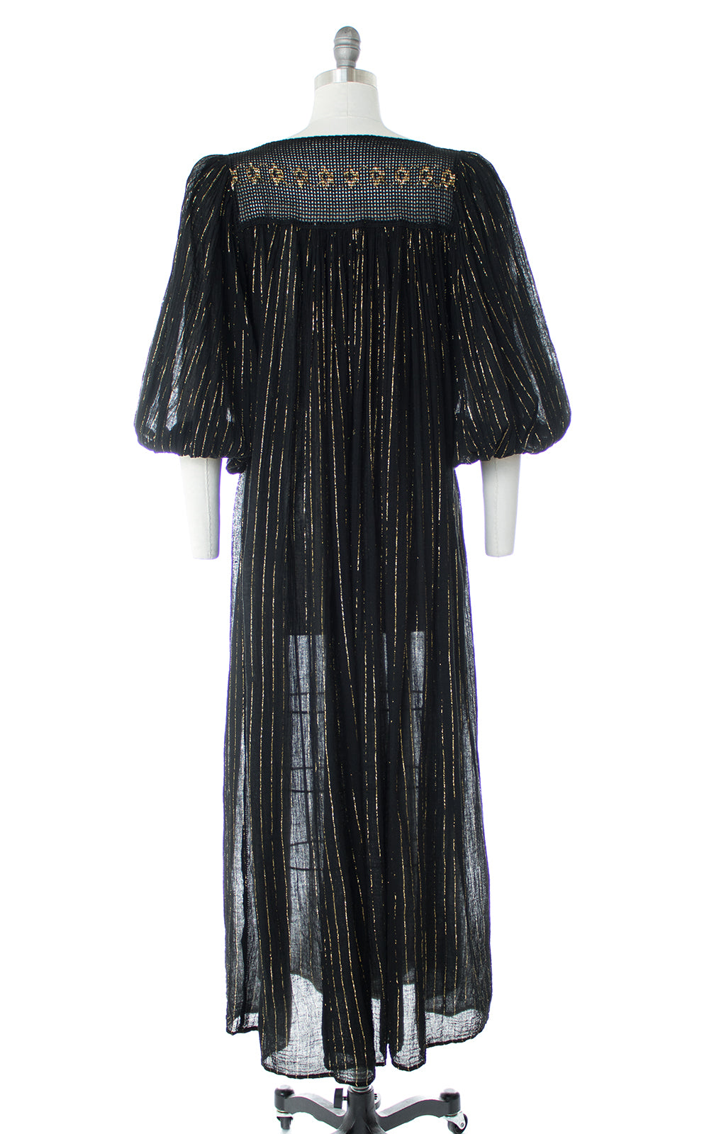 1970s Gold Striped Sheer Black Cotton Gauze Maxi Dress
