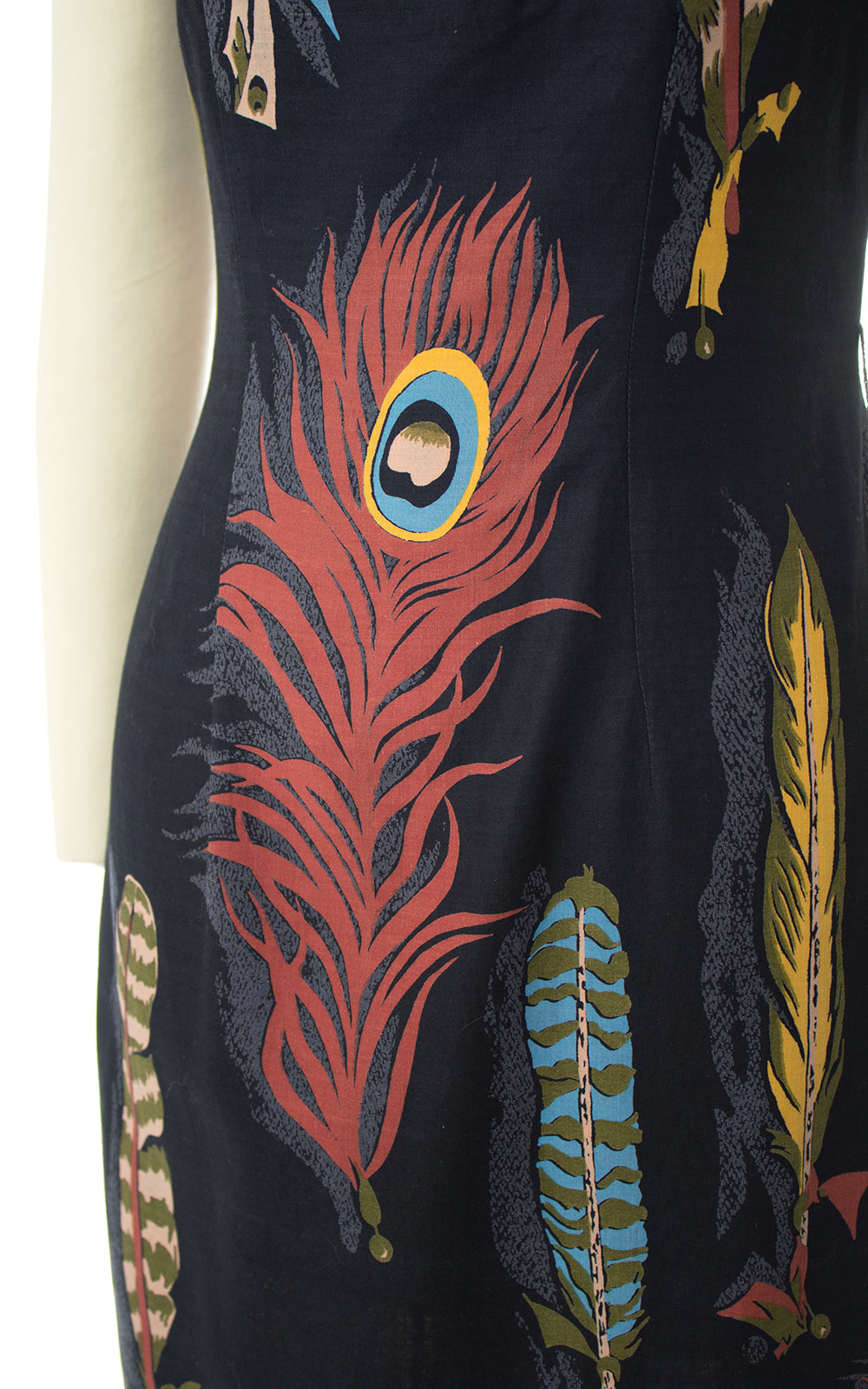 1960s Peacock Feather Novelty Print Wiggle Dress | small Birthday Life Vintage 1960s Peacock Feather Novelty Print Wiggle Dress | small Birthday Life Vintage