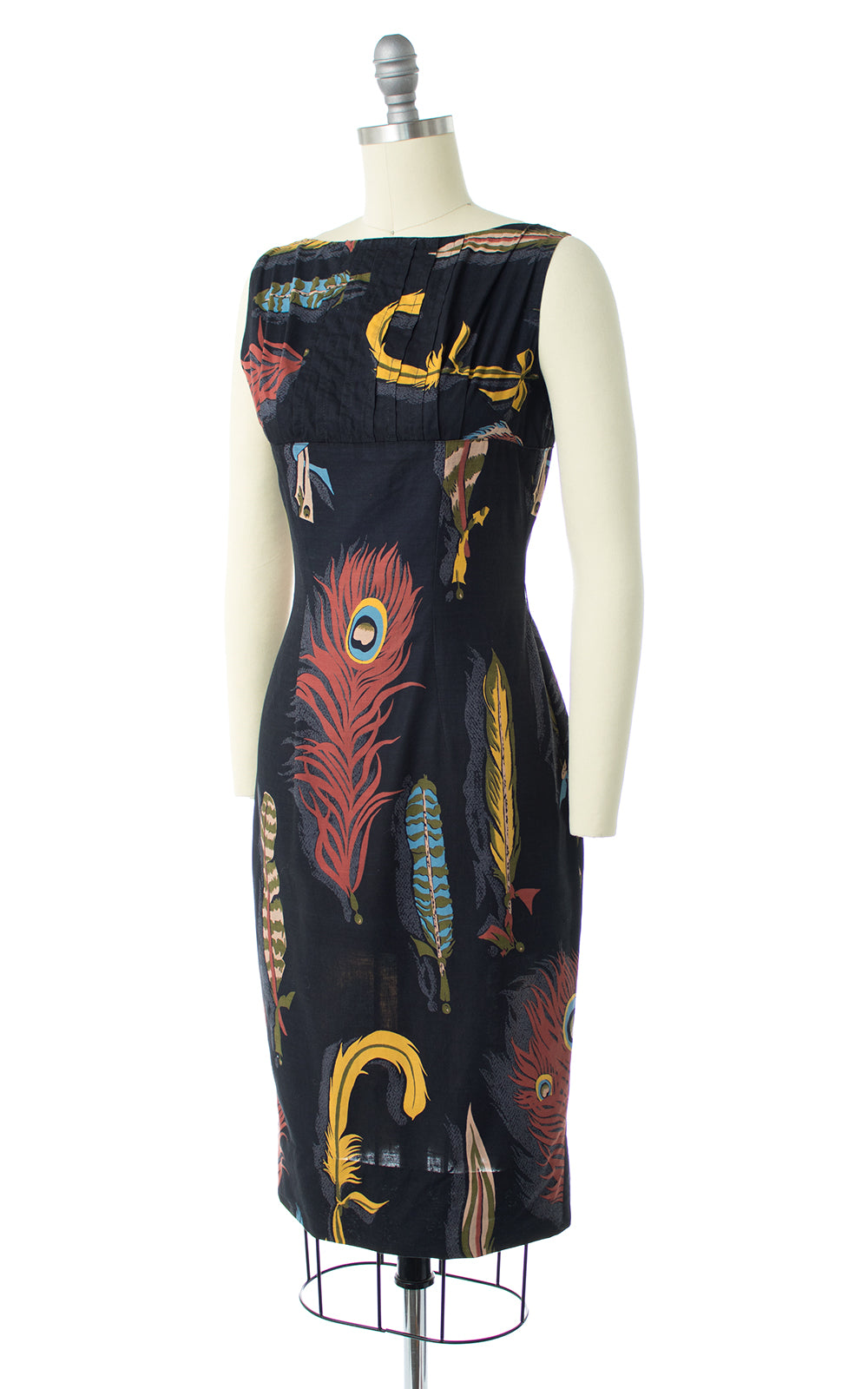 1960s Peacock Feather Novelty Print Wiggle Dress | small Birthday Life Vintage 1960s Peacock Feather Novelty Print Wiggle Dress | small Birthday Life Vintage