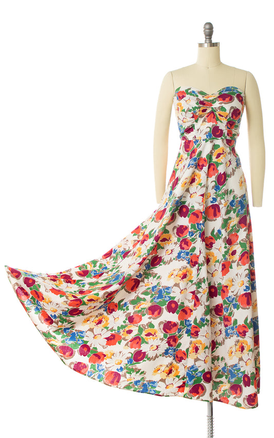 1930s 1940s Floral Cotton Strapless Maxi Dress