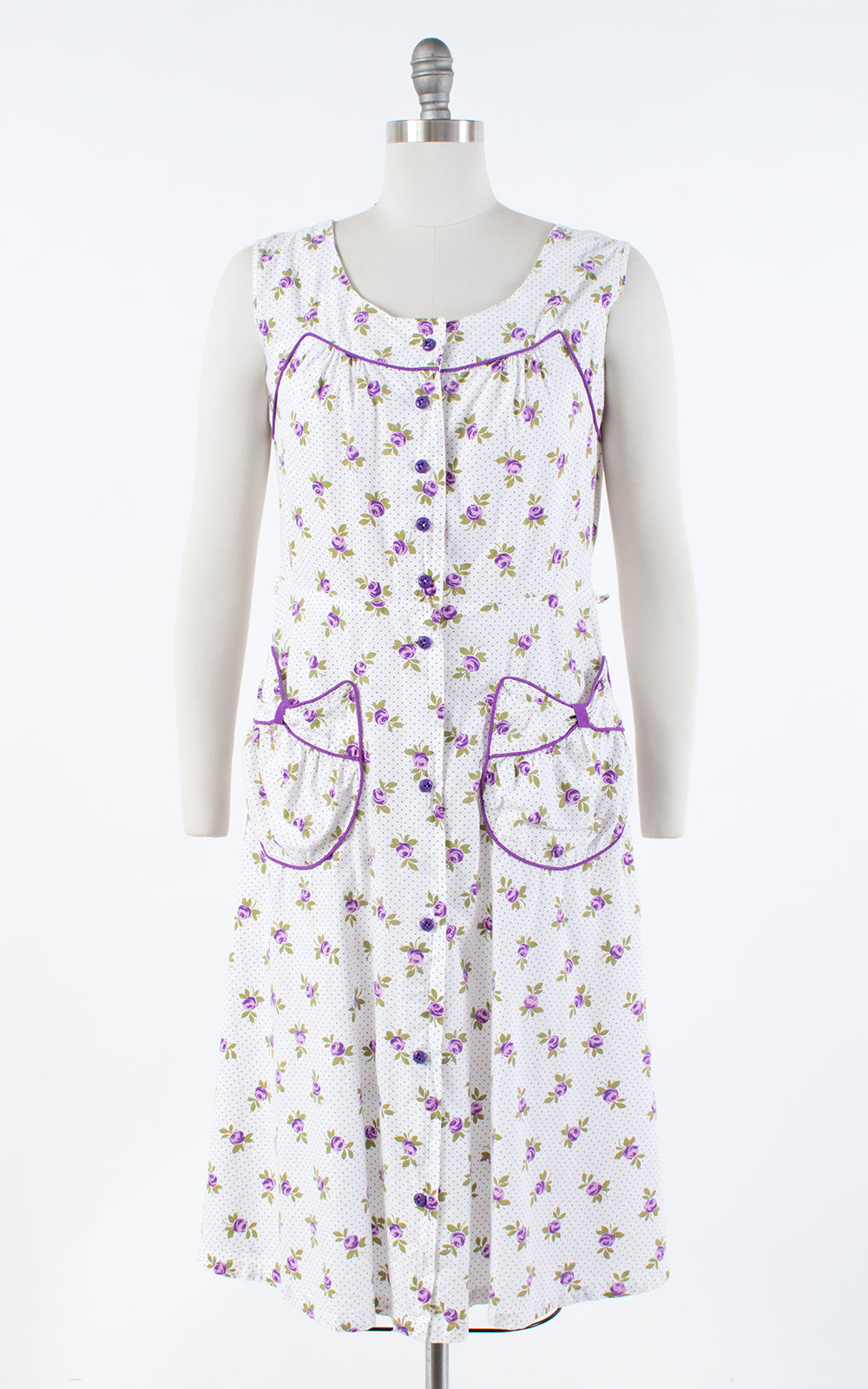 1940s Purple Rose Polka Dot Shirtwaist Sundress with Pockets