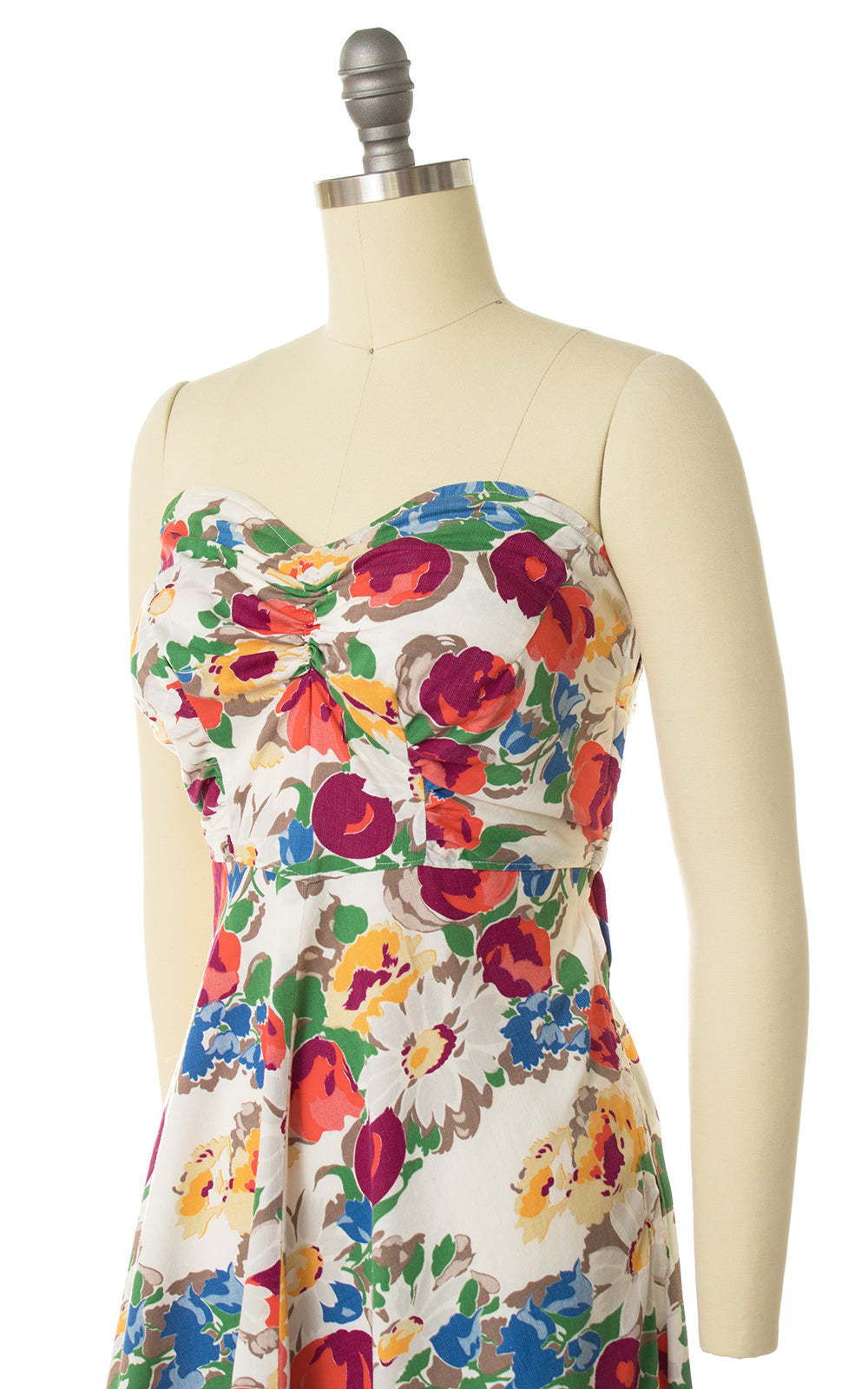 1930s 1940s Floral Cotton Strapless Maxi Dress