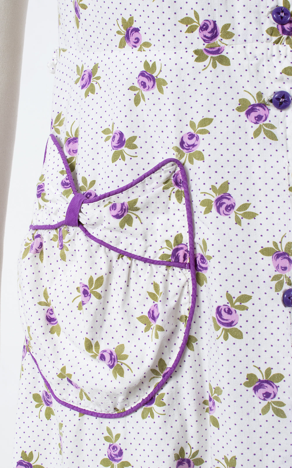 1940s Purple Rose Polka Dot Shirtwaist Sundress with Pockets