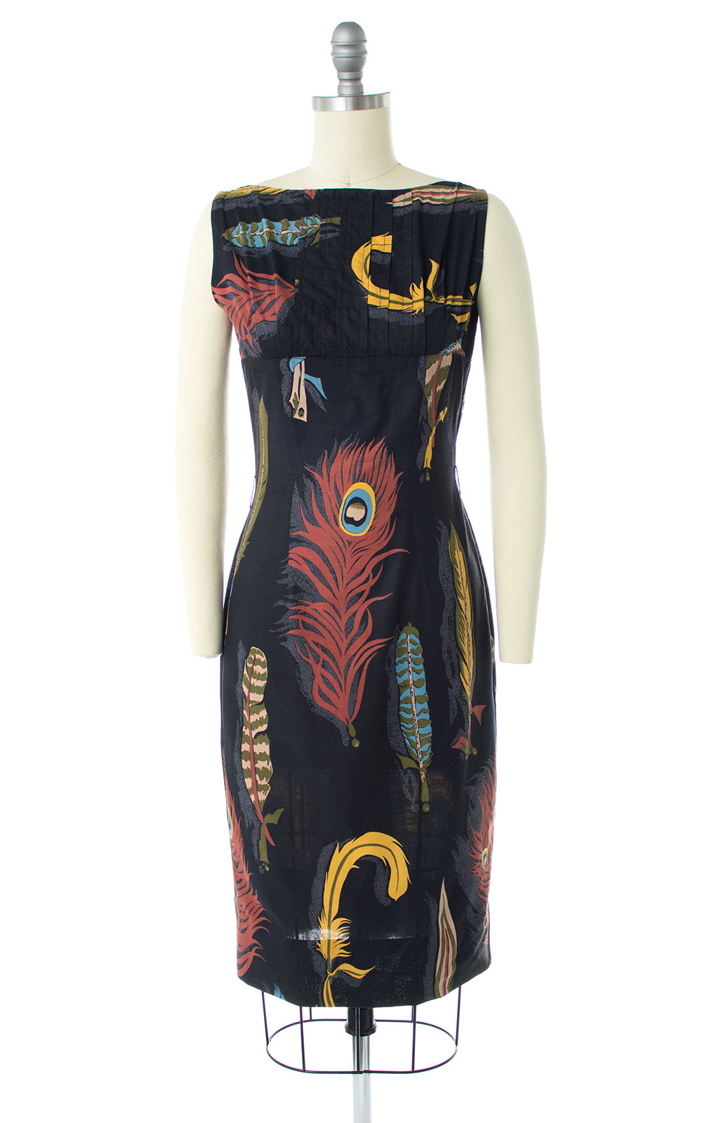 1960s Peacock Feather Novelty Print Wiggle Dress