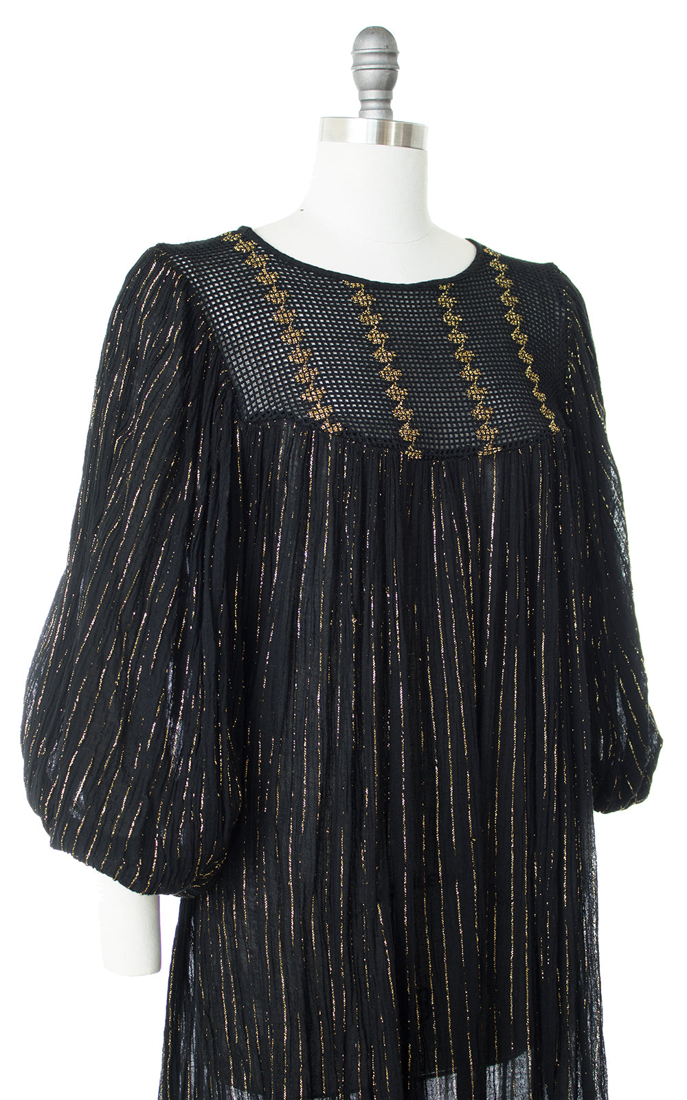 1970s Gold Striped Sheer Black Cotton Gauze Maxi Dress