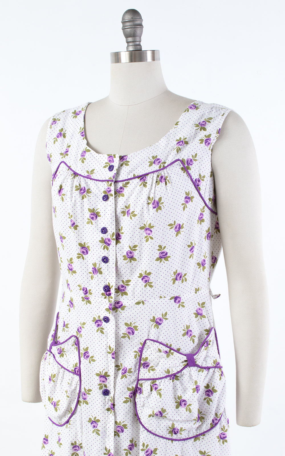 1940s Purple Rose Polka Dot Shirtwaist Sundress with Pockets