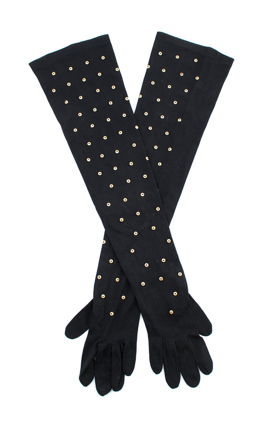 1940s Gold Studded Rayon Jersey Elbow-Length Gloves