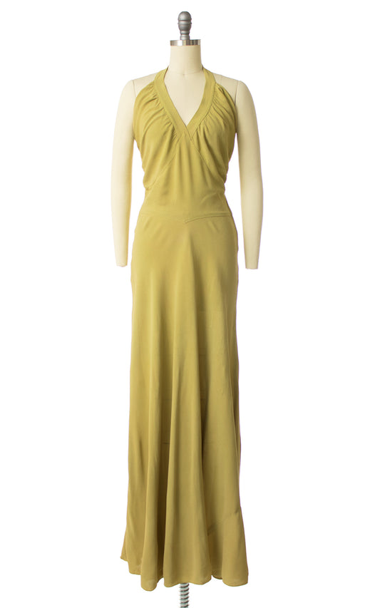 1930s Chartreuse Bias Cut Rayon Crepe Gown