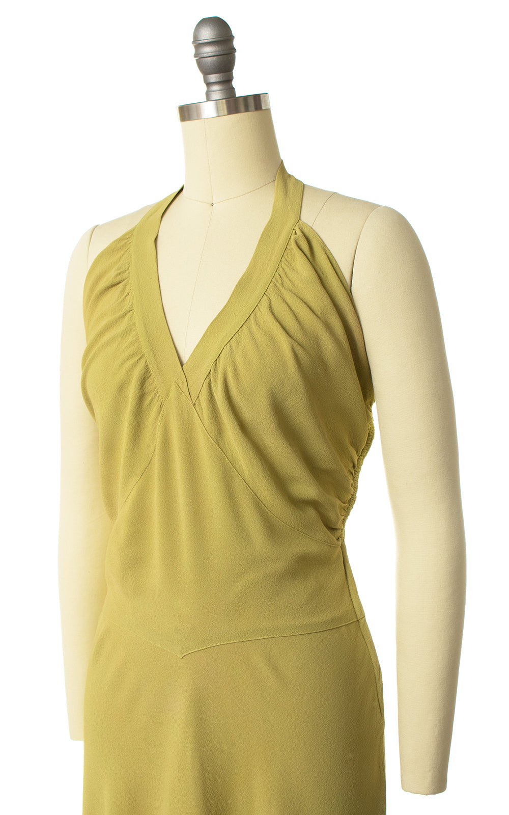 1930s Chartreuse Bias Cut Rayon Crepe Gown