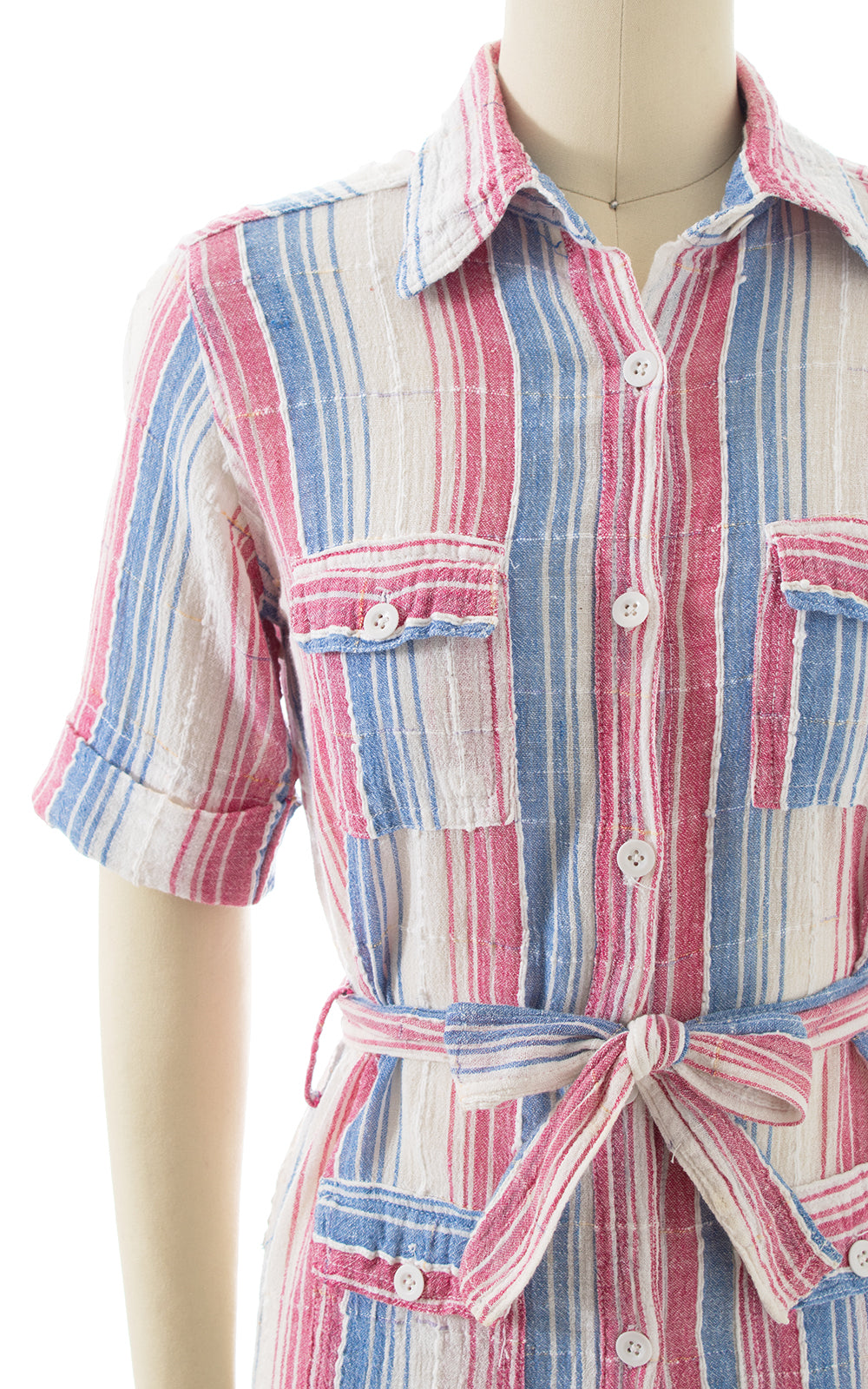 1970s Striped Cotton Gauze Belted Blouse