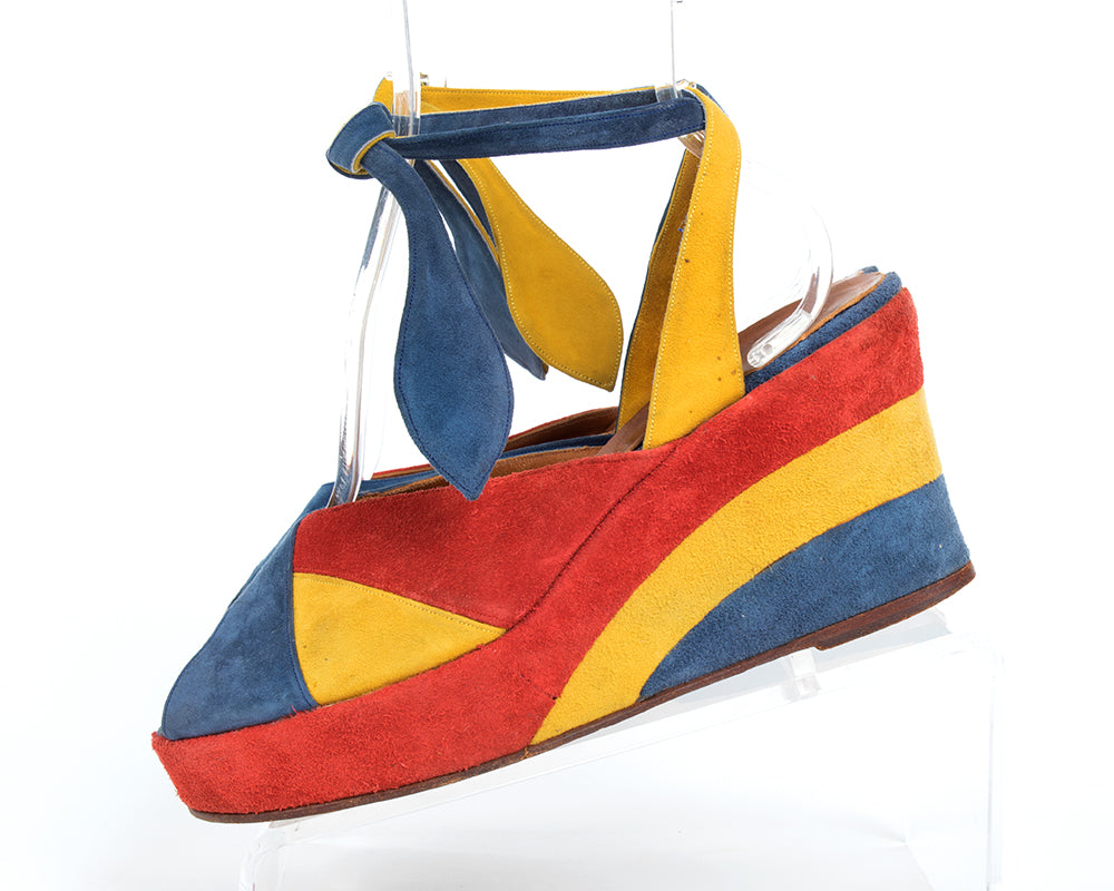 1970s Color Block Suede Ankle Tie Platforms