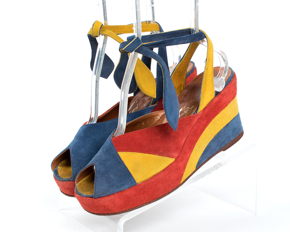 1970s Color Block Suede Ankle Tie Platforms