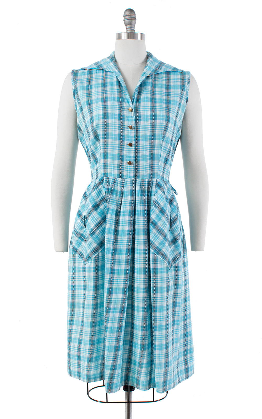 1960s Blue Plaid Cotton Shirtwaist Sundress with Pockets