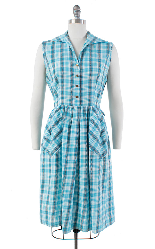 1960s Blue Plaid Cotton Shirtwaist Sundress with Pockets