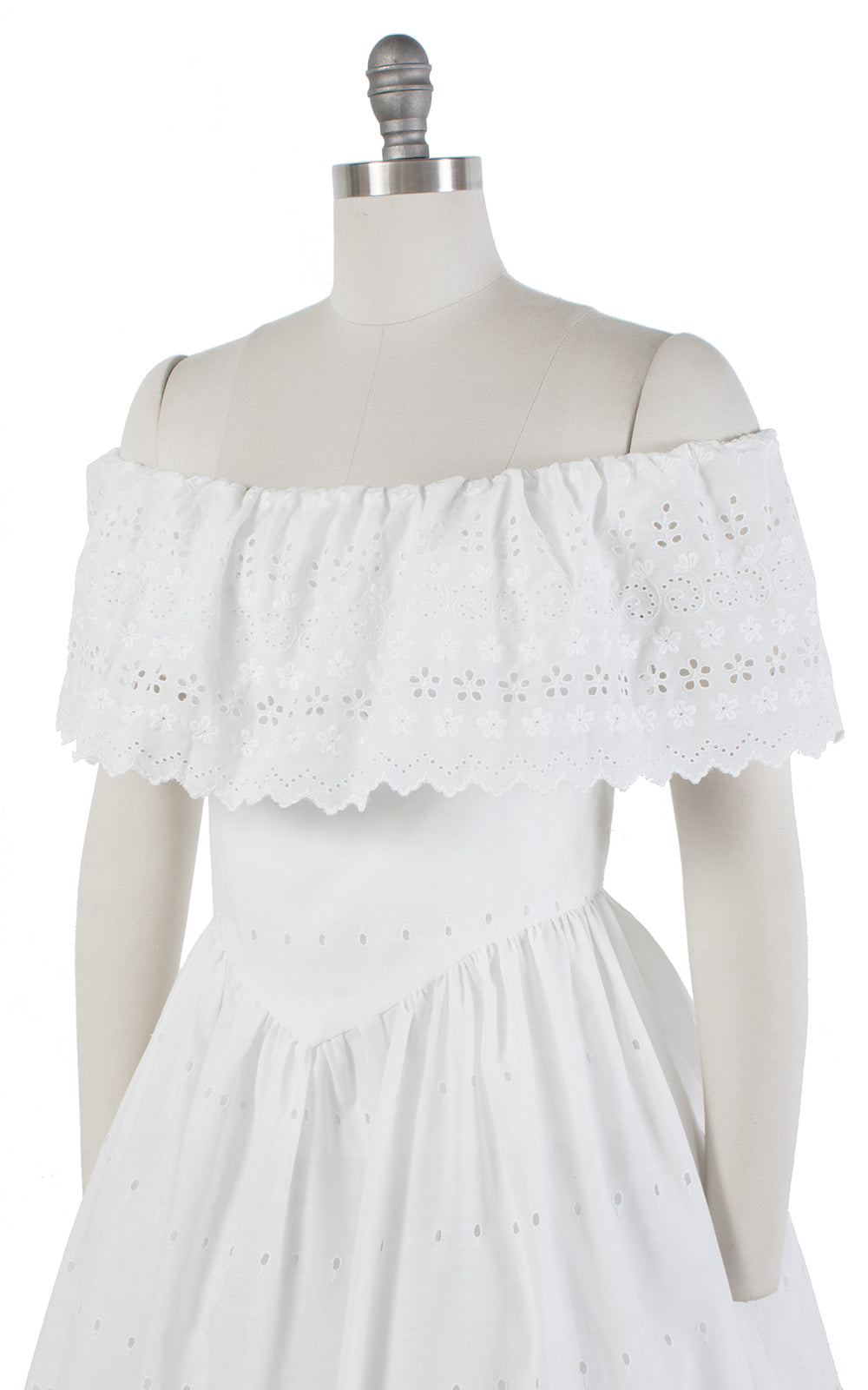 1980s Floral Eyelet Off-the-Shoulder White Cotton Sundress