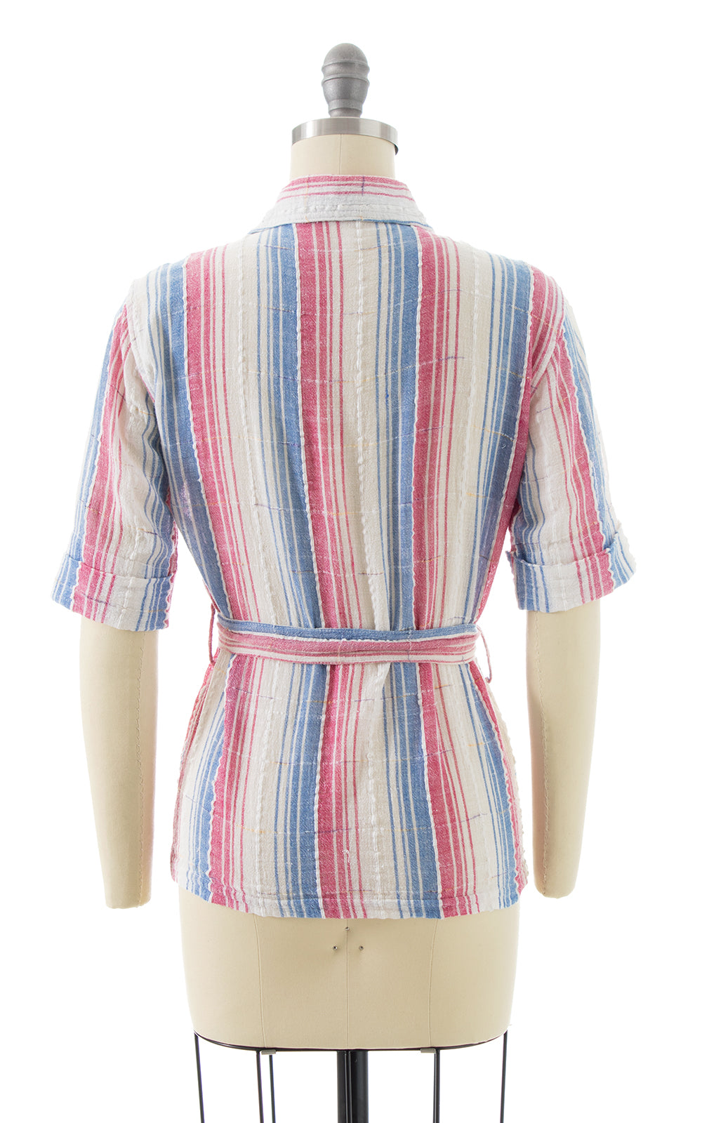 1970s Striped Cotton Gauze Belted Blouse