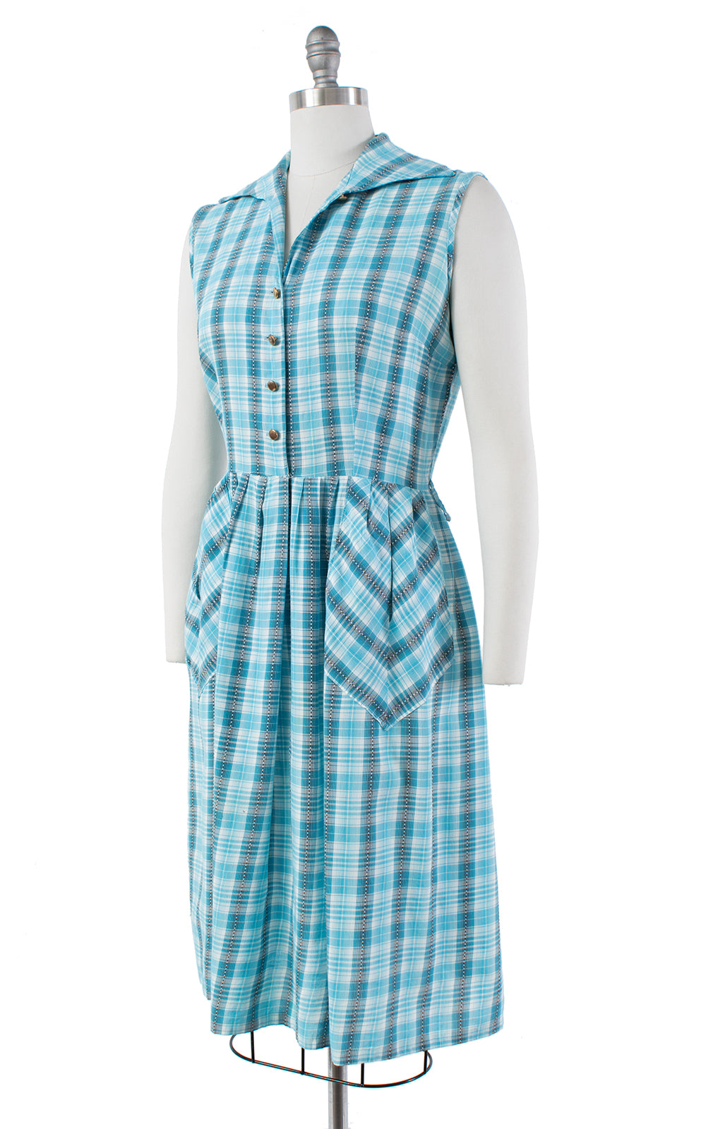 1960s Blue Plaid Cotton Shirtwaist Sundress with Pockets