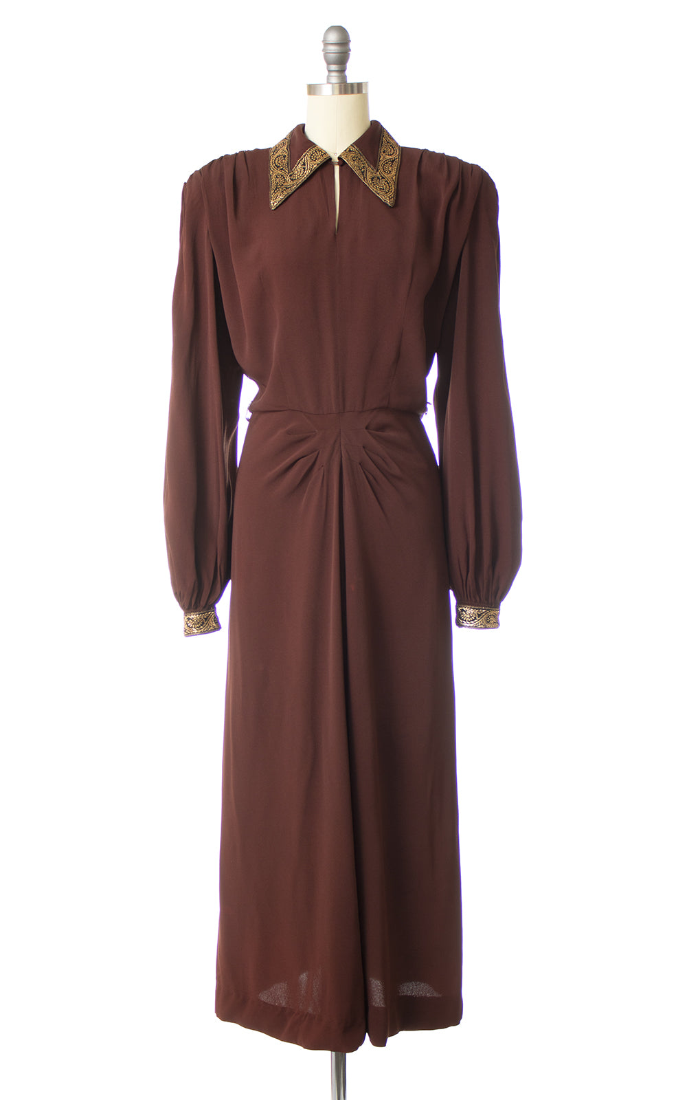 1940s Gold Trim Chocolate Rayon Crepe Bishop Sleeve Evening Dress