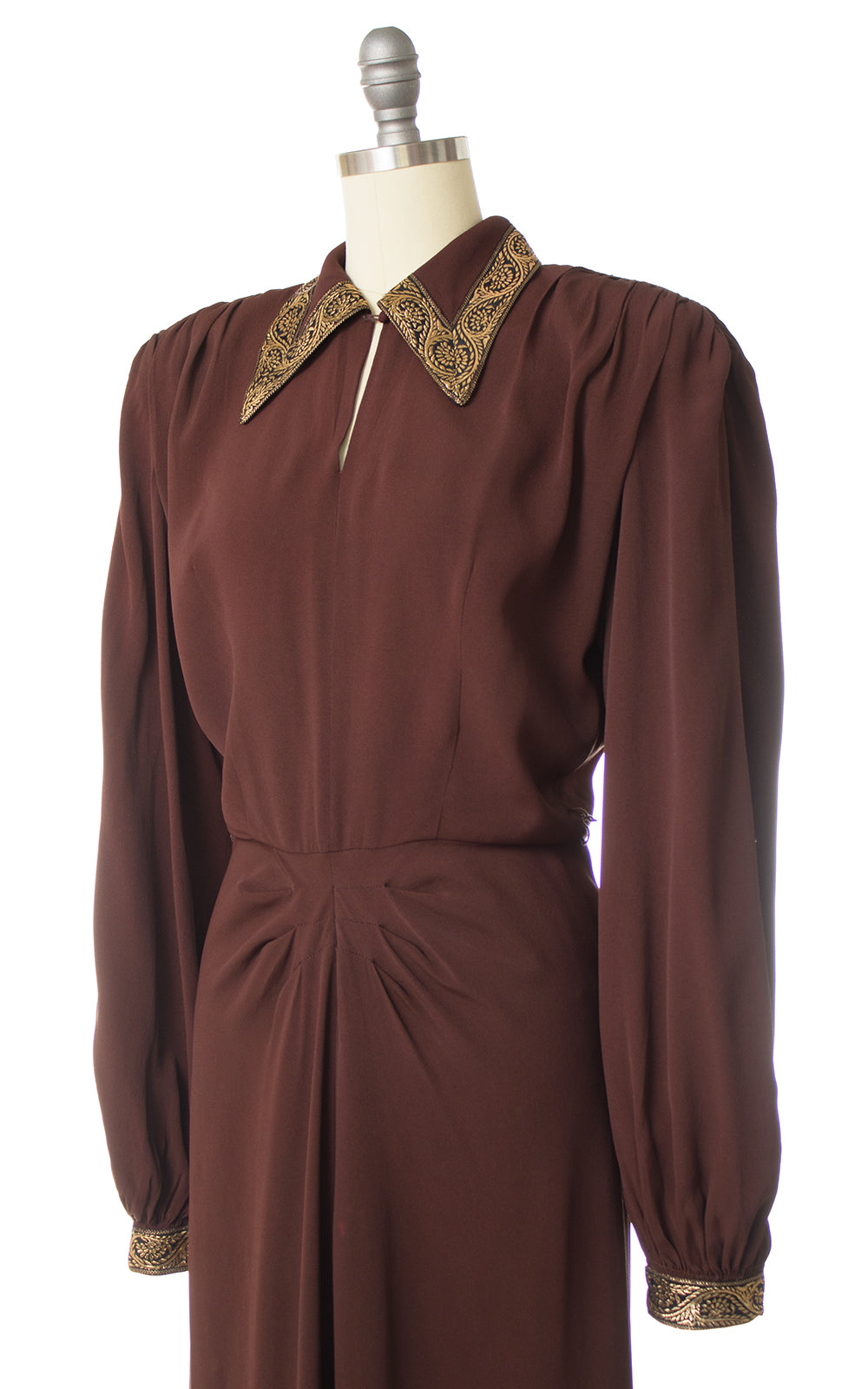 1940s Gold Trim Chocolate Rayon Crepe Bishop Sleeve Evening Dress