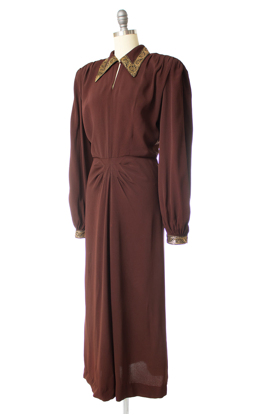 1940s Gold Trim Chocolate Rayon Crepe Bishop Sleeve Evening Dress