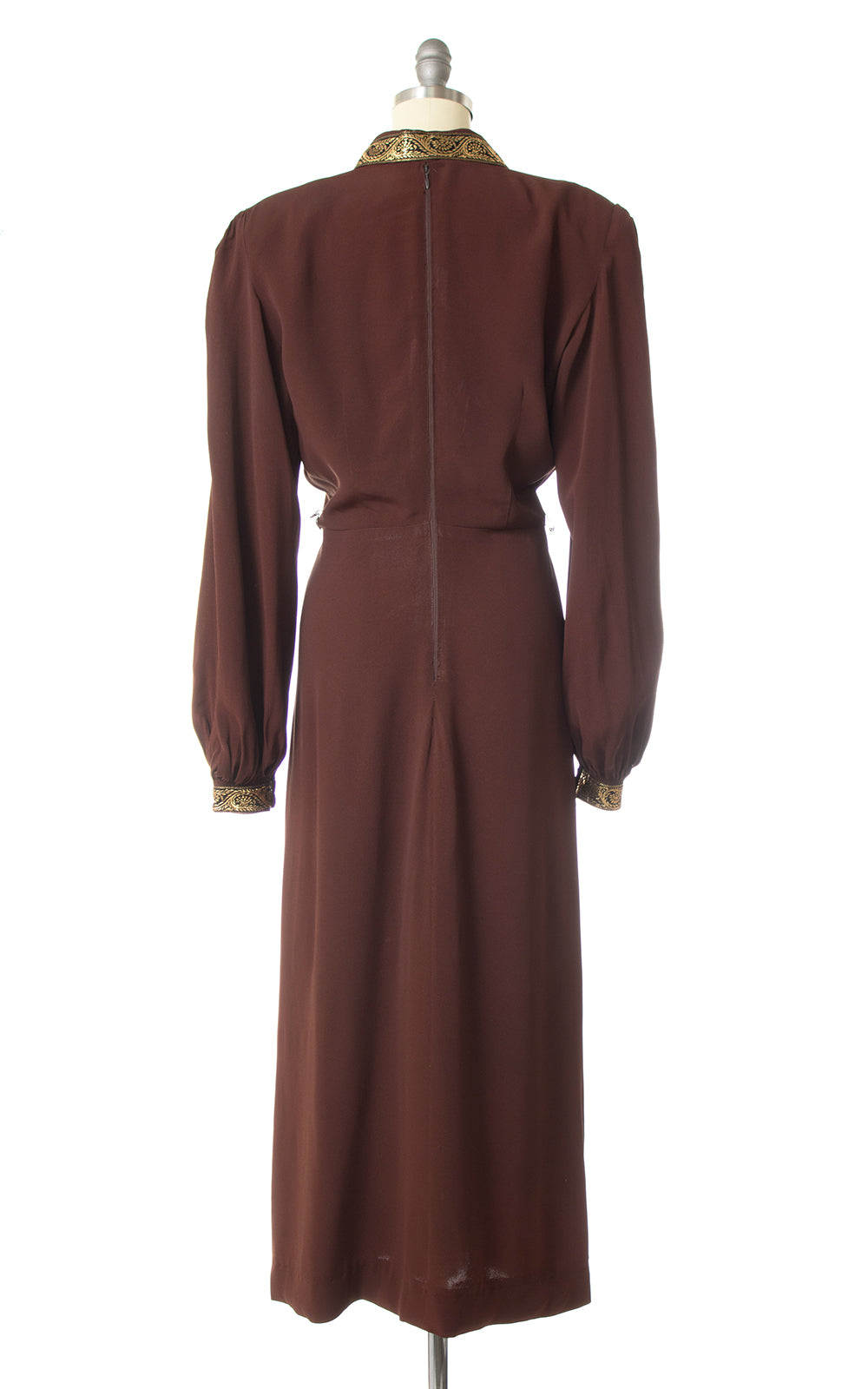 1940s Gold Trim Chocolate Rayon Crepe Bishop Sleeve Evening Dress