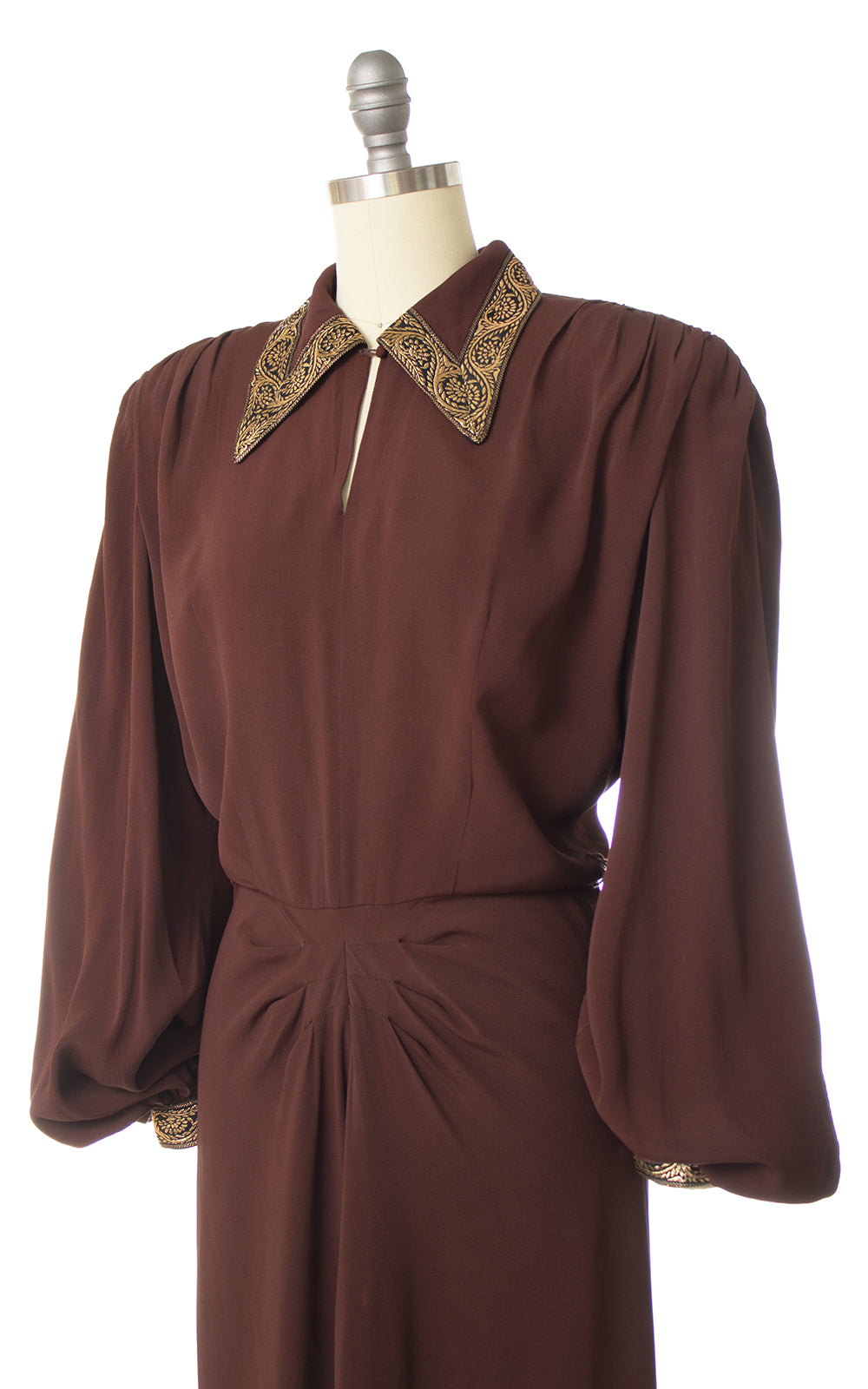 1940s Gold Trim Chocolate Rayon Crepe Bishop Sleeve Evening Dress