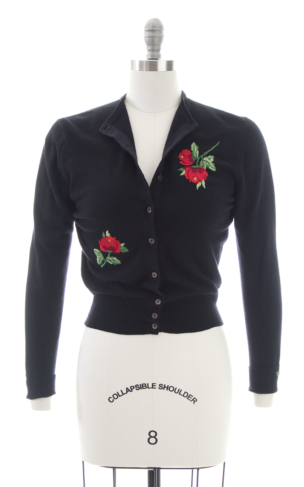 1950s Rose Embroidered Cashmere Knit Cardigan