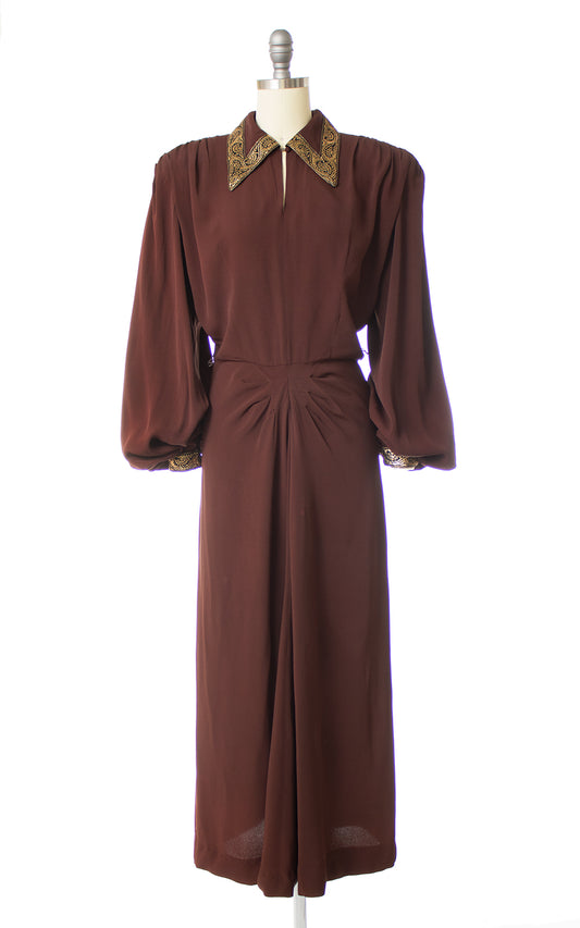 1940s Gold Trim Chocolate Rayon Crepe Bishop Sleeve Evening Dress