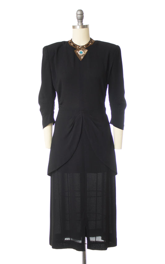 1940s Sequin Rhinestone Black Rayon Crepe Peplum Dress