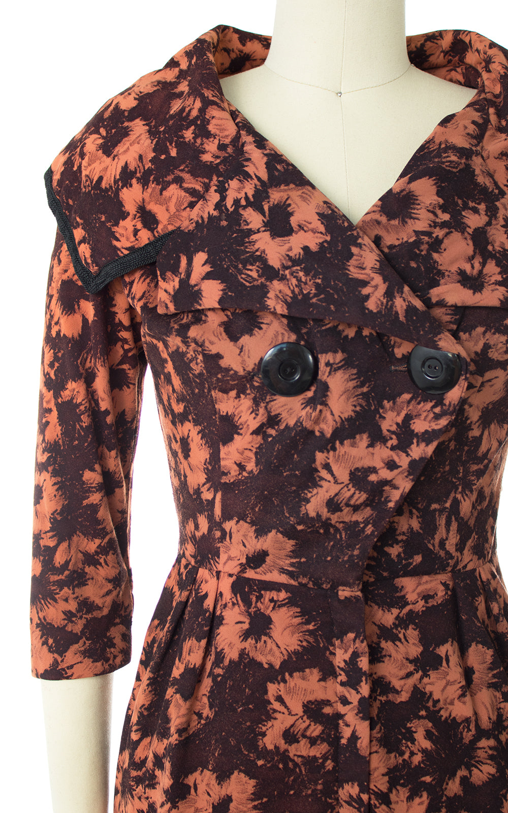 1950s Floral Shawl Collar Jersey Wiggle Dress