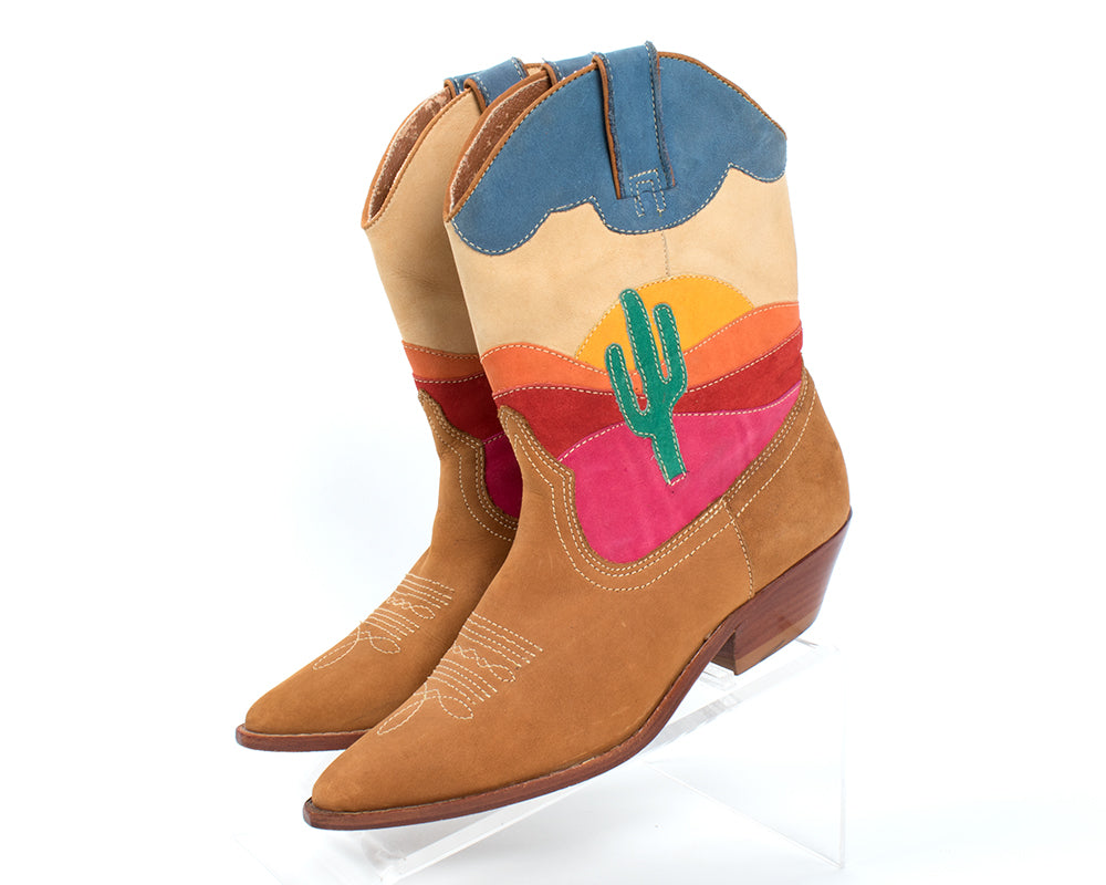 1980s Cactus Sunset Novelty Suede Cowboy Boots