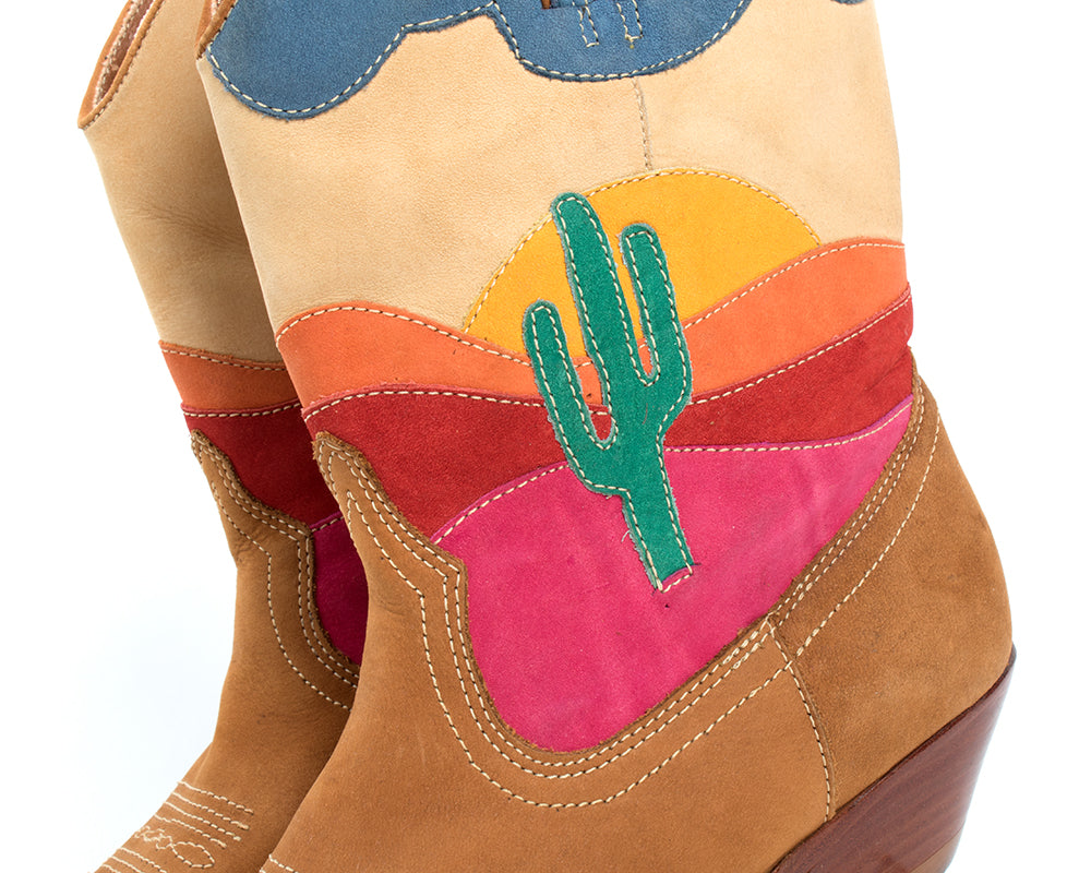 1980s Cactus Sunset Novelty Suede Cowboy Boots