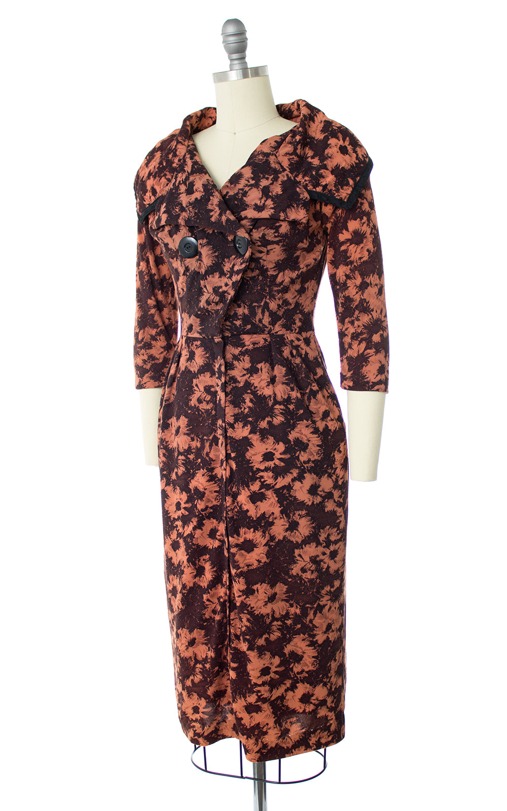 1950s Floral Shawl Collar Jersey Wiggle Dress