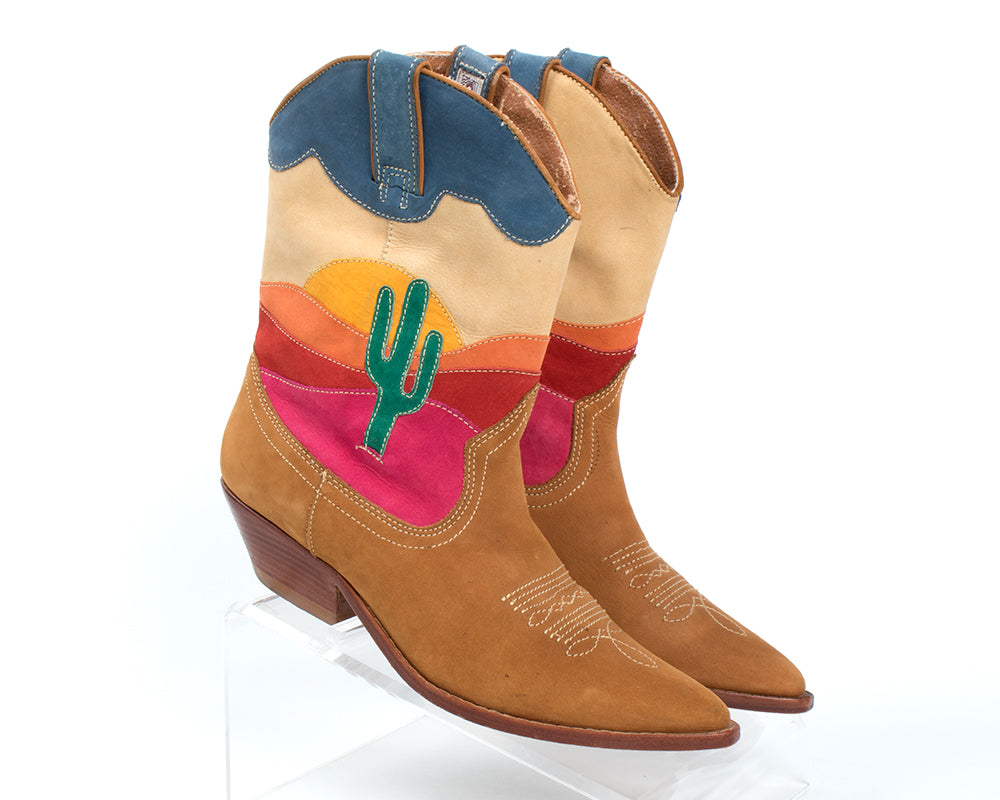 1980s Cactus Sunset Novelty Suede Cowboy Boots