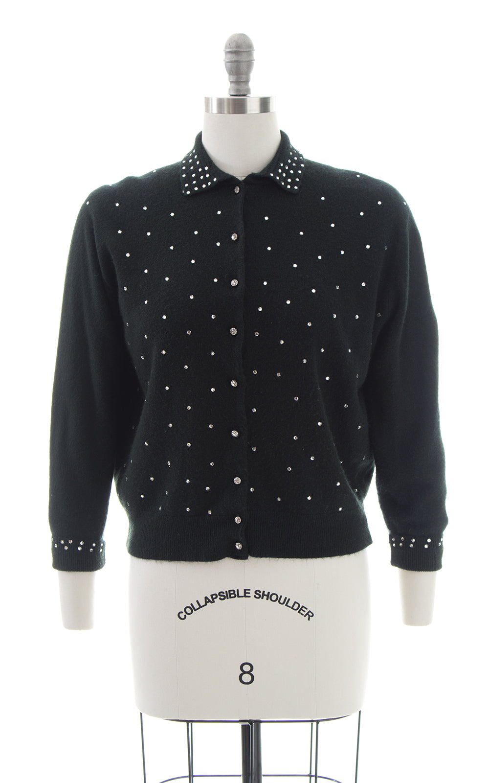 1950s Schiaparelli Rhinestone Black Wool Cardigan