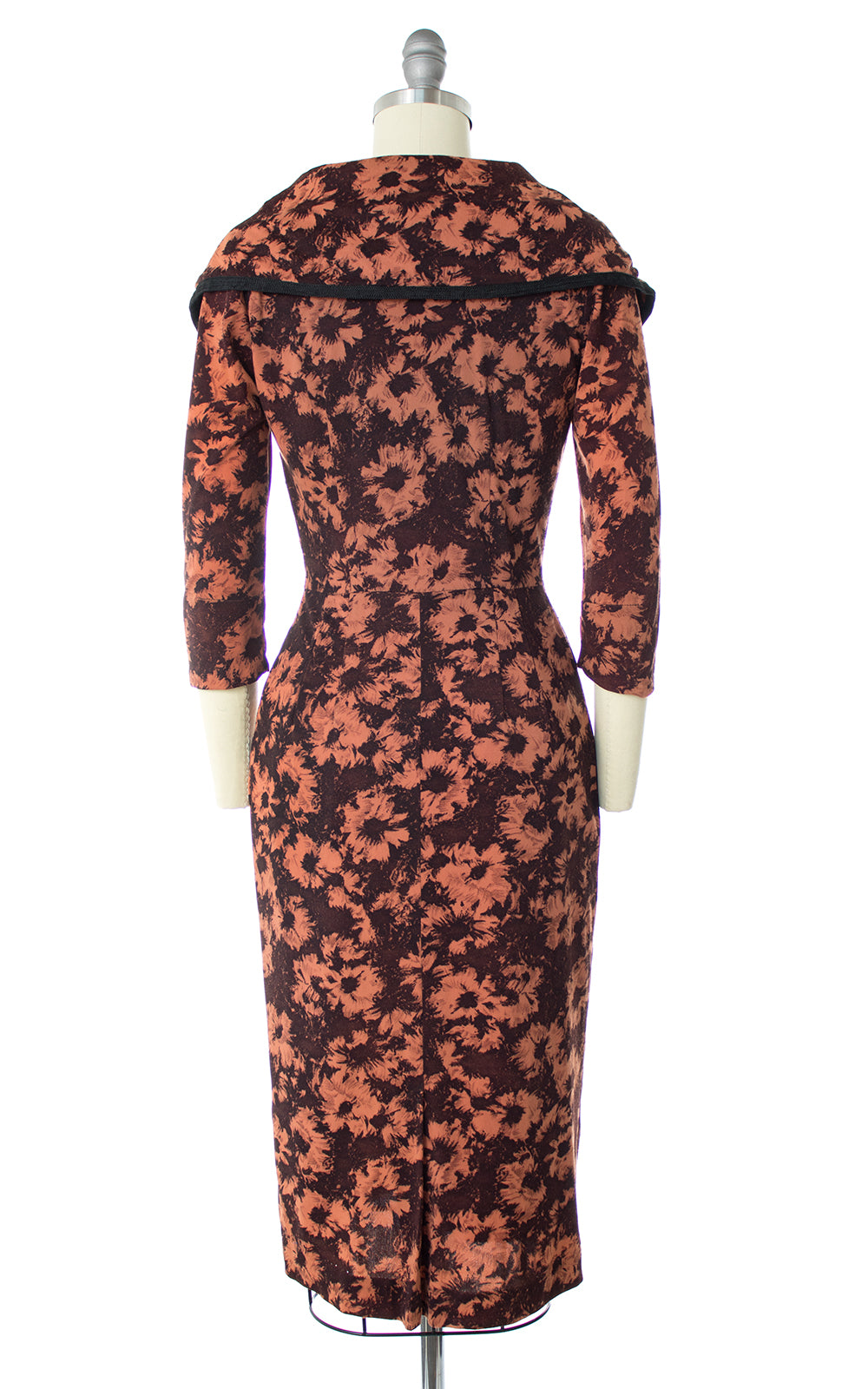 1950s Floral Shawl Collar Jersey Wiggle Dress