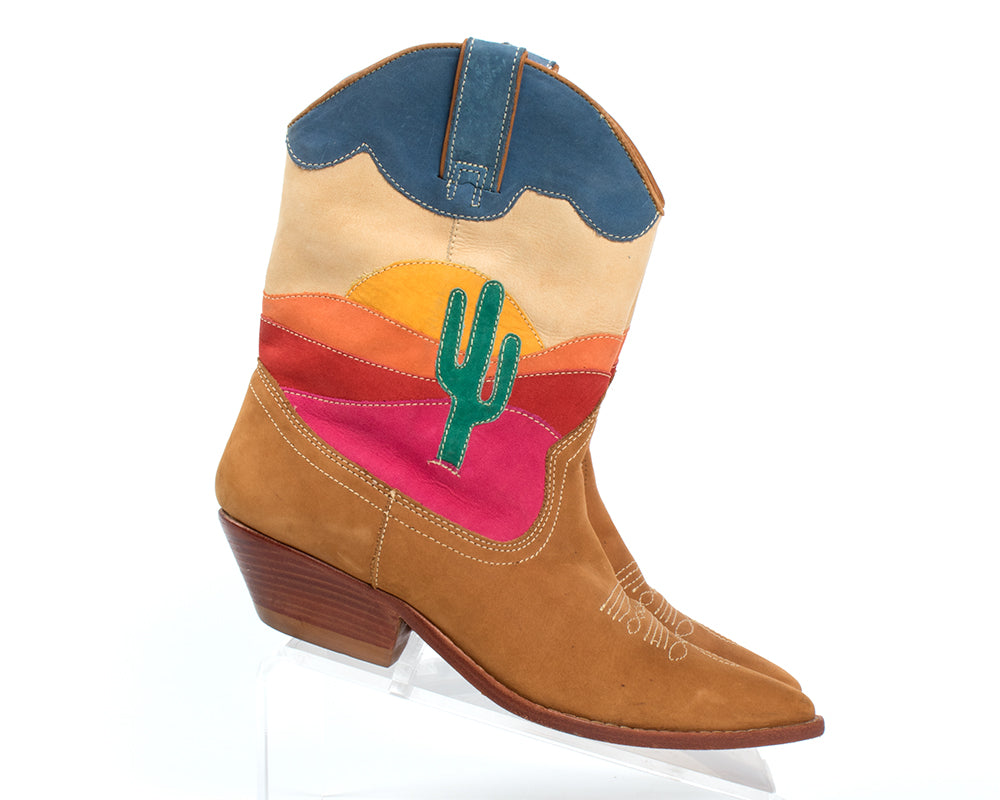 1980s Cactus Sunset Novelty Suede Cowboy Boots